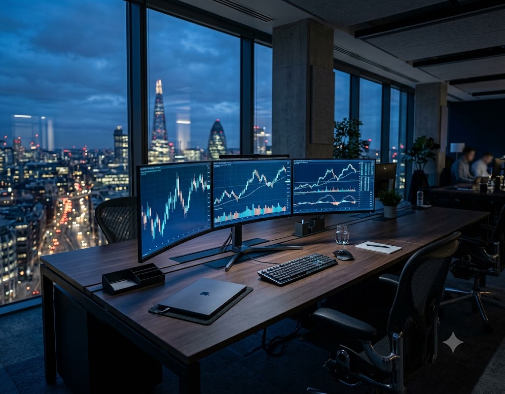 Trading desk with multiple monitors displaying charts